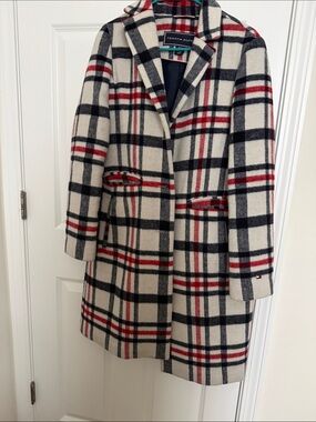 Tommy Hilfiger Cream Plaid Wool-Blend Pea Coat with Black & Red Checks